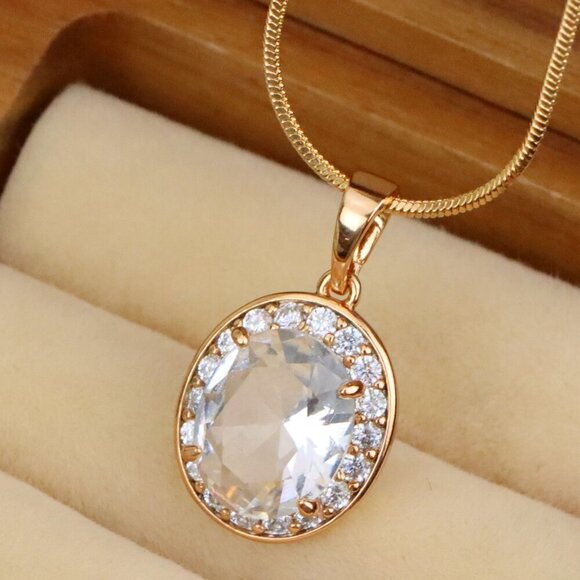 "Oval White Pendant with Crystal Halo in Elegant Rose Gold Plating, XPPT1621 - Picture 1 of 13
